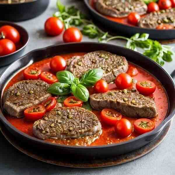 Запеченая телятина с помидорами и черносливом